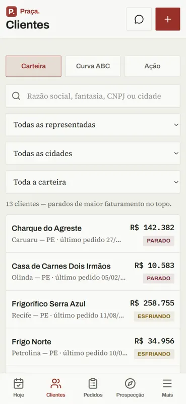 Carteira de clientes com situação de cada um: ativo, esfriando ou parado