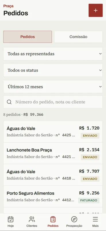 Lista de pedidos com filtros por representada, status e período