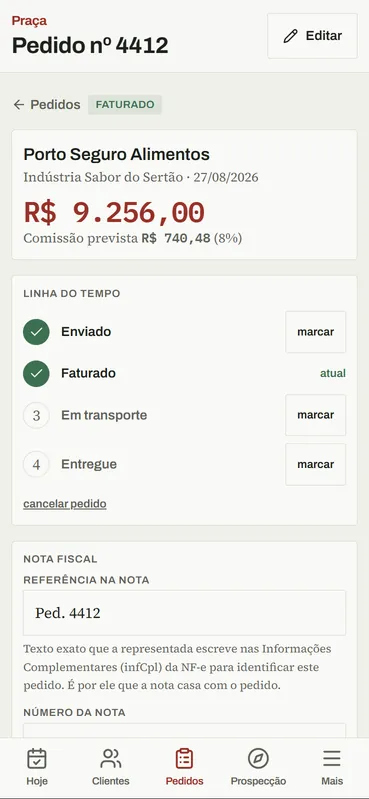 Pedido com linha do tempo de enviado, faturado, em transporte e entregue