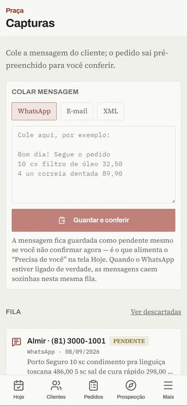 Tela de colar a mensagem do WhatsApp para virar pedido