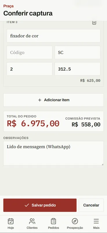 Conferência do pedido com total e comissão prevista