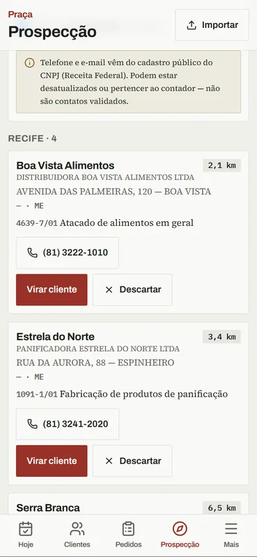 Lista de empresas da região para prospectar, com distância